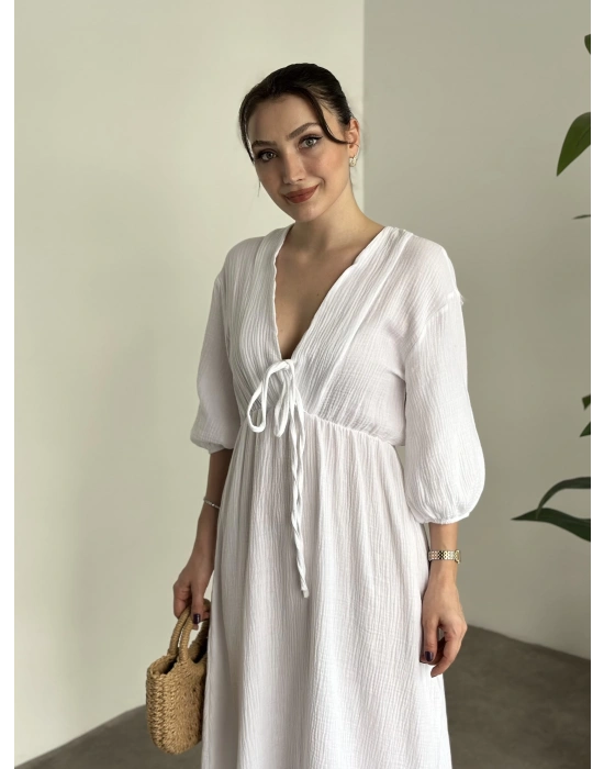 Müslim kumaş önden bağlamalı bol kesim elbise beyaz