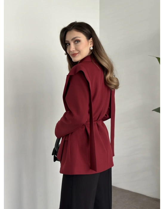 Omuz detaylı bel bağcıklı blazer ceket bordo