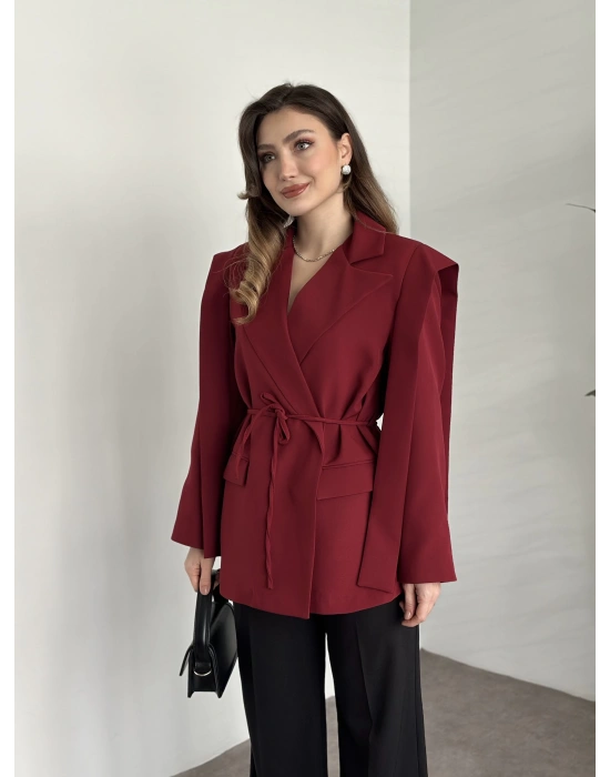 Omuz detaylı bel bağcıklı blazer ceket bordo