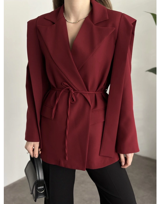 Omuz detaylı bel bağcıklı blazer ceket bordo