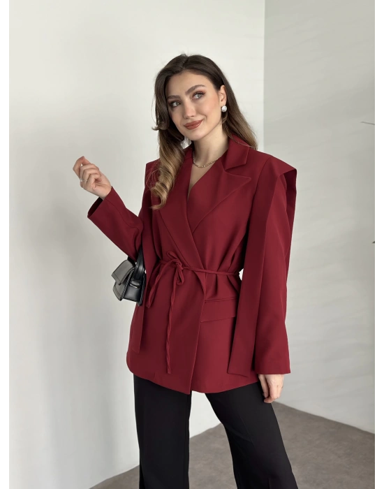Omuz detaylı bel bağcıklı blazer ceket bordo