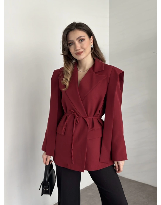 Omuz detaylı bel bağcıklı blazer ceket bordo