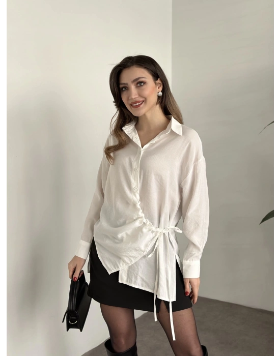 Önden büzgülü ithal kumaş gömlek beyaz