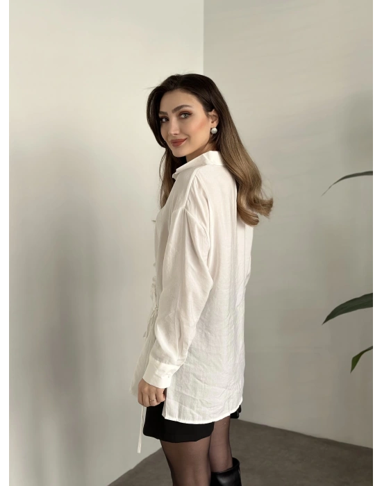 Önden büzgülü ithal kumaş gömlek beyaz