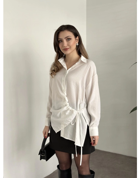 Önden büzgülü ithal kumaş gömlek beyaz
