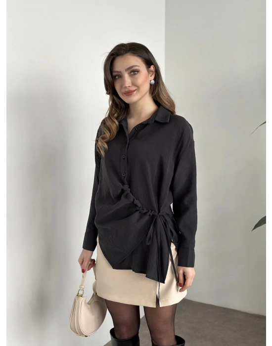 Önden büzgülü ithal kumaş gömlek siyah
