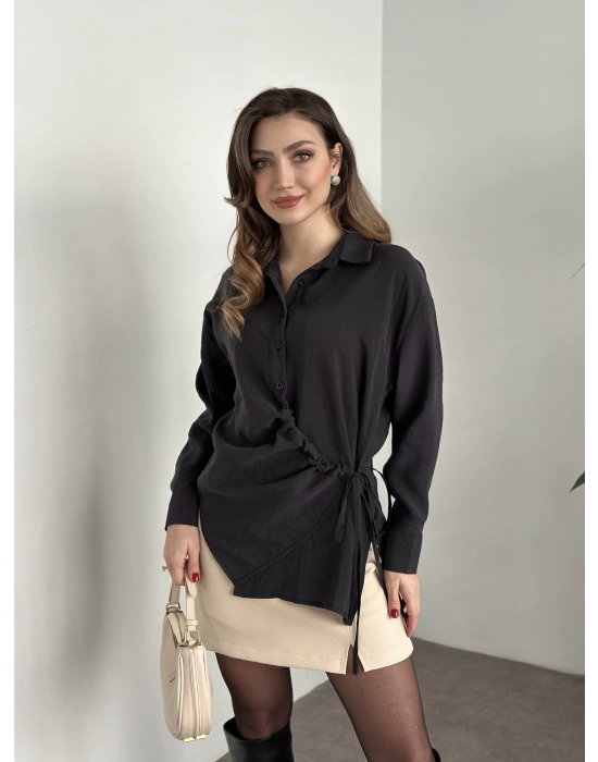 Önden büzgülü ithal kumaş gömlek siyah