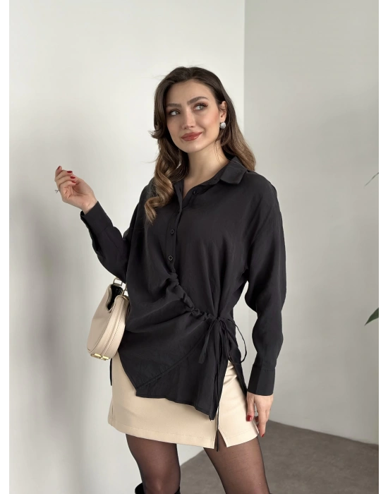 Önden büzgülü ithal kumaş gömlek siyah