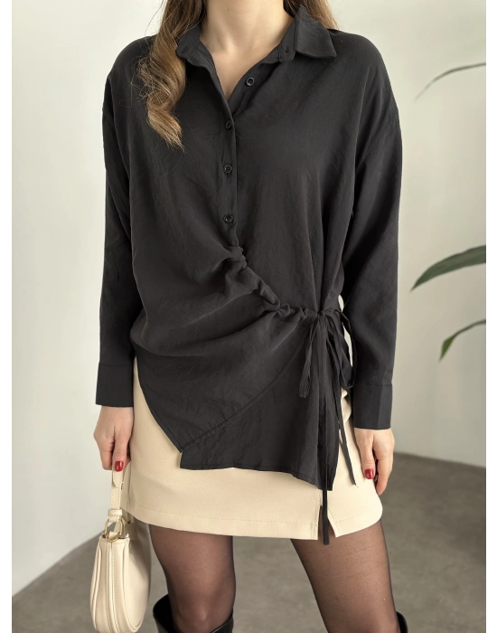 Önden büzgülü ithal kumaş gömlek siyah