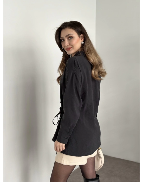 Önden büzgülü ithal kumaş gömlek siyah