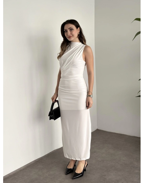 Önü büzgülü astarlı ithal sandy kumaş elbise beyaz