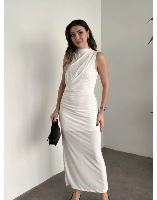 Önü büzgülü astarlı ithal sandy kumaş elbise beyaz