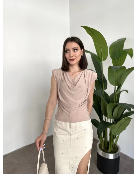 Önü Büzgülü Vatkalı Sandy Bluz Taş