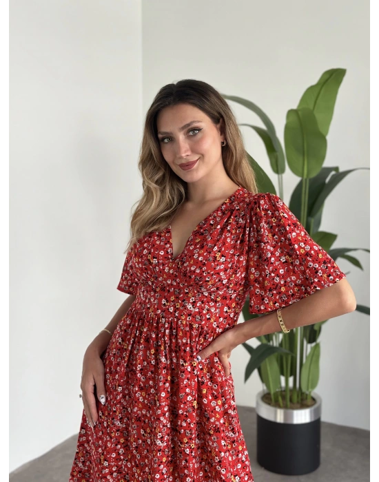 Önü Drapeli Kolları Volanli Pamuklu Viskon Kumaş Elbise Kırmızı Çiçekli