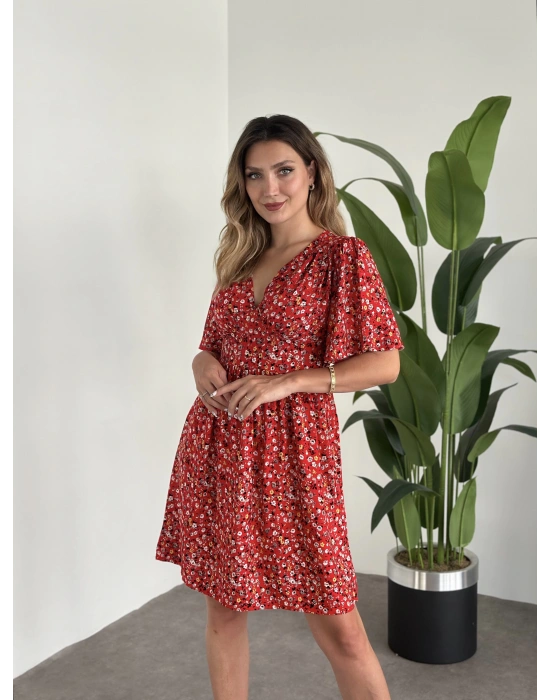 Önü Drapeli Kolları Volanli Pamuklu Viskon Kumaş Elbise Kırmızı Çiçekli