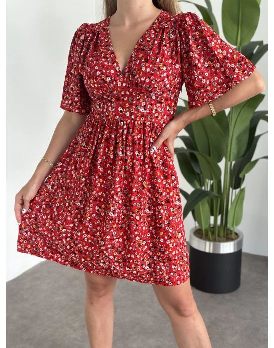 Önü Drapeli Kolları Volanli Pamuklu Viskon Kumaş Elbise Kırmızı Çiçekli