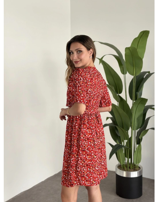 Önü Drapeli Kolları Volanli Pamuklu Viskon Kumaş Elbise Kırmızı Çiçekli