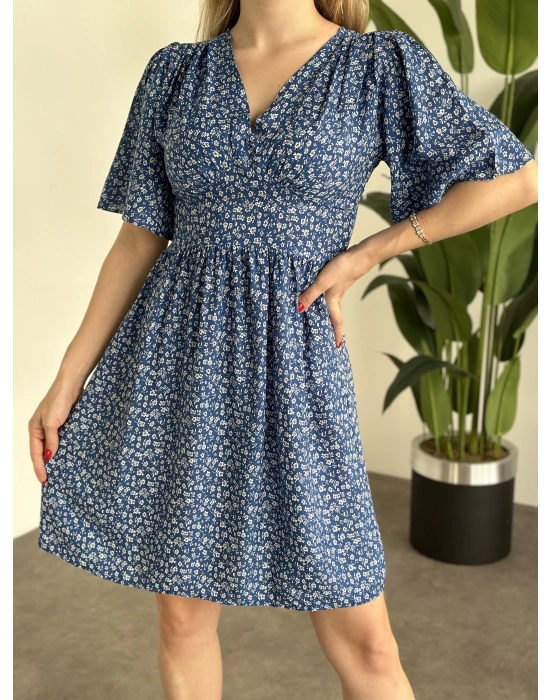 Önü Drapeli Kolları Volanli Pamuklu Viskon Kumaş Elbise Mavi Küçük Çiçek