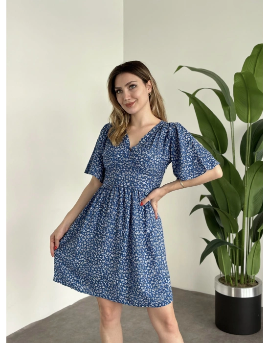 Önü Drapeli Kolları Volanli Pamuklu Viskon Kumaş Elbise Mavi Küçük Çiçek