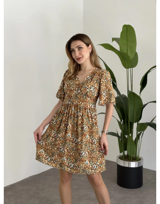 Önü Drapeli Kolları Volanli Pamuklu Viskon Kumaş Elbise Sarı