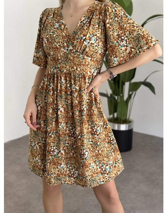 Önü Drapeli Kolları Volanli Pamuklu Viskon Kumaş Elbise Sarı