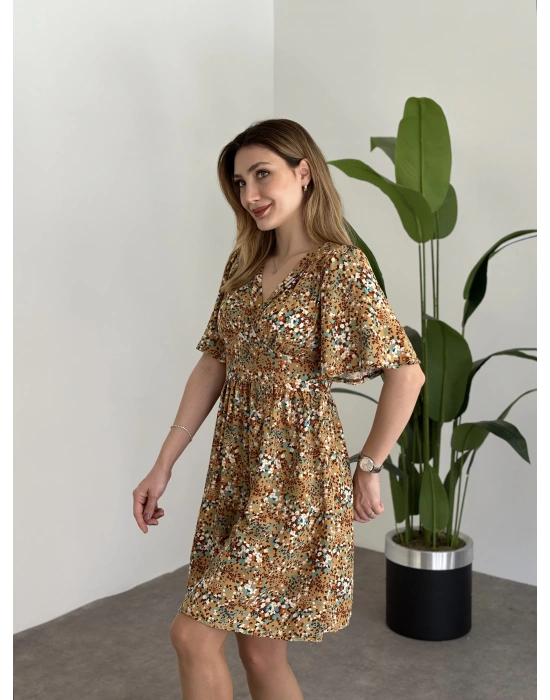 Önü Drapeli Kolları Volanli Pamuklu Viskon Kumaş Elbise Sarı