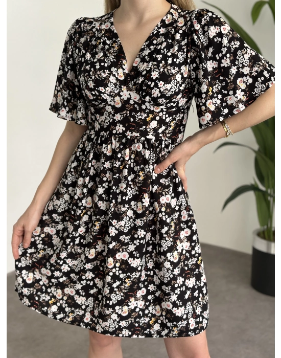 Önü Drapeli Kolları Volanli Pamuklu Viskon Kumaş Elbise Siyah