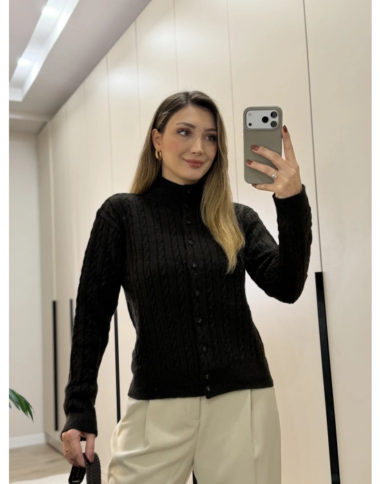 Örme balıkçı yaka düğmeli triko Kahve