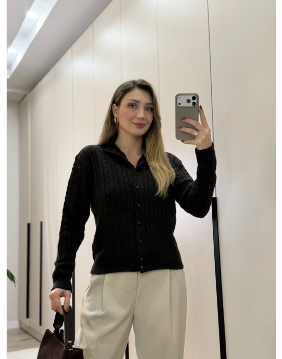 Örme balıkçı yaka düğmeli triko Kahve