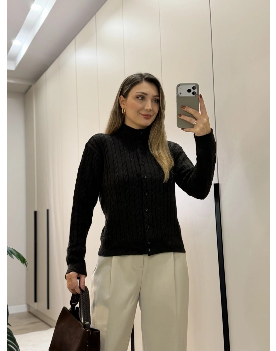 Örme balıkçı yaka düğmeli triko Kahve