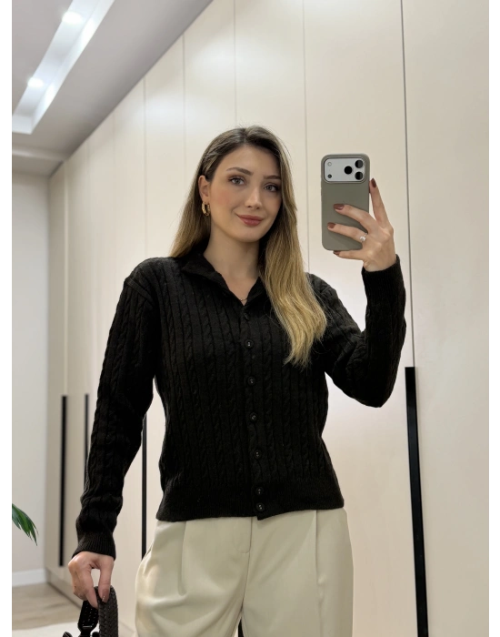 Örme balıkçı yaka düğmeli triko Kahve