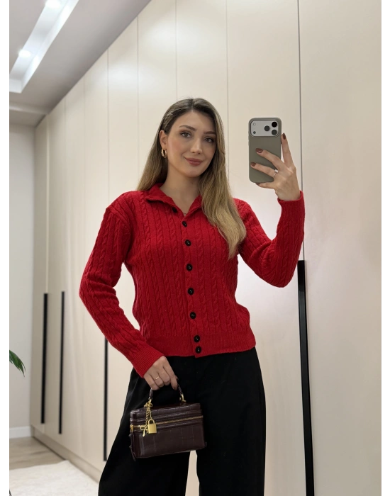 Örme balıkçı yaka düğmeli triko kırmızı
