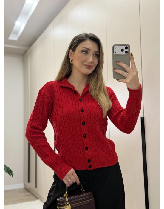 Örme balıkçı yaka düğmeli triko kırmızı