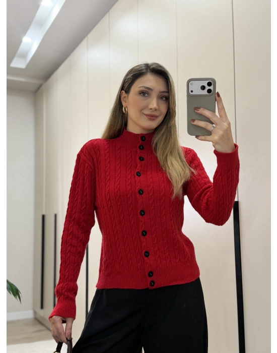 Örme balıkçı yaka düğmeli triko kırmızı