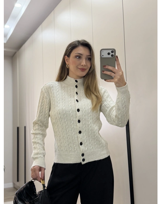Örme balıkçı yaka düğmeli triko taş