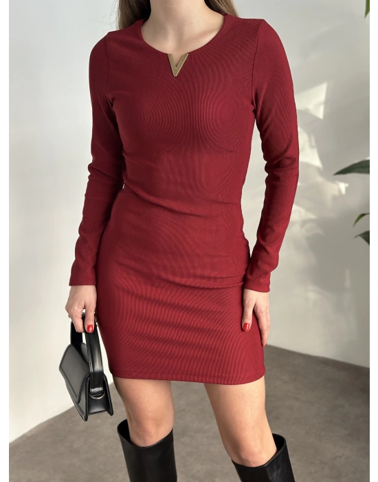 Ottoman kumaş yaka detaylı elbise kırmızı