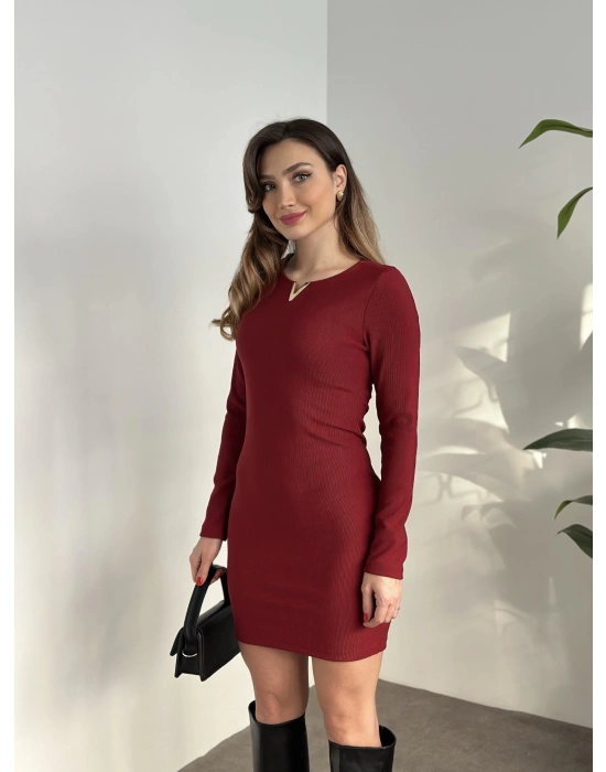 Ottoman kumaş yaka detaylı elbise kırmızı