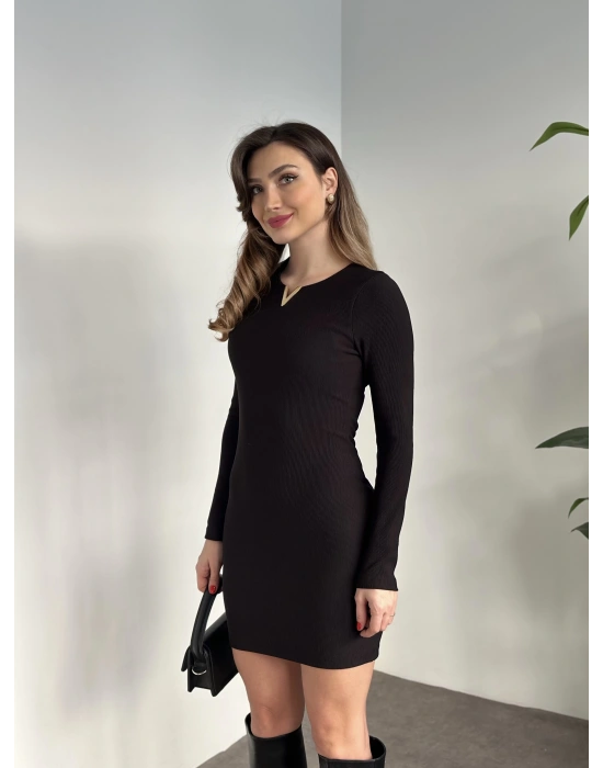 Ottoman kumaş yaka detaylı elbise siyah