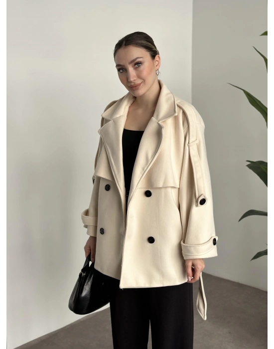 Oversize ara boy standart kaşe kaban açık krem