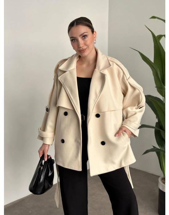 Oversize ara boy standart kaşe kaban açık krem