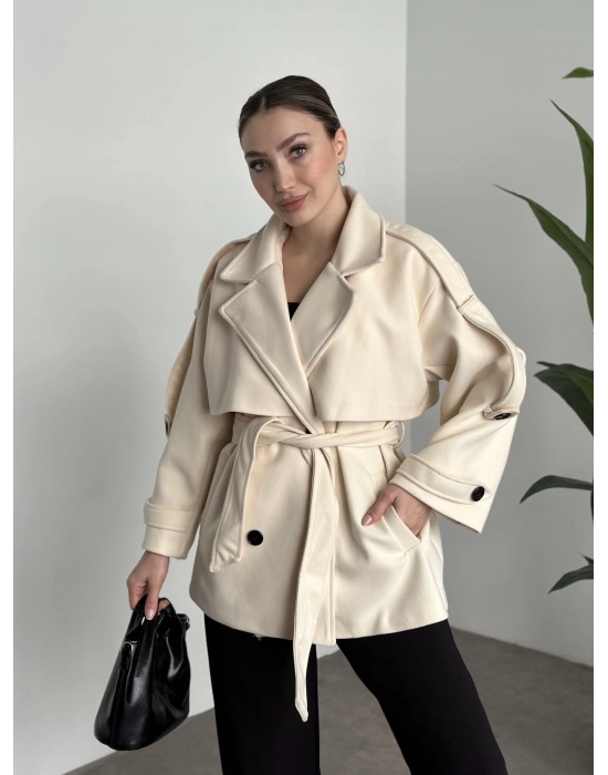 Oversize ara boy standart kaşe kaban açık krem