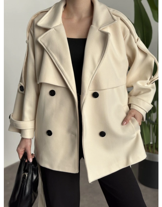 Oversize ara boy standart kaşe kaban açık krem