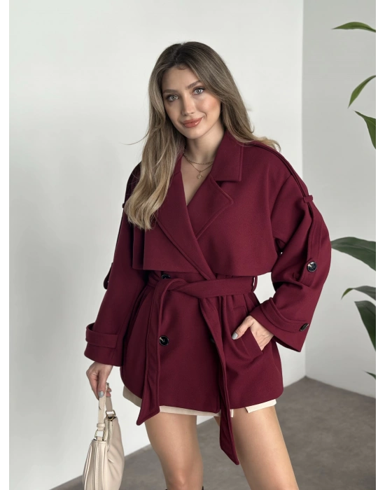 Oversize ara boy standart kaşe kaban bordo