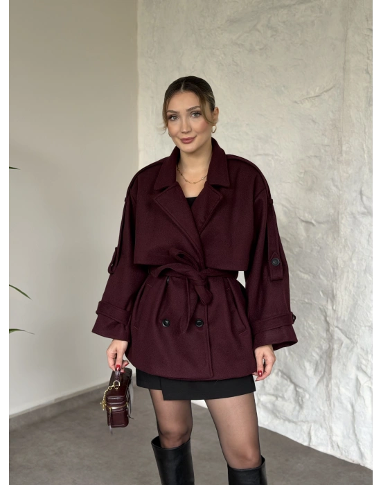 Oversize ara boy standart kaşe kaban bordo