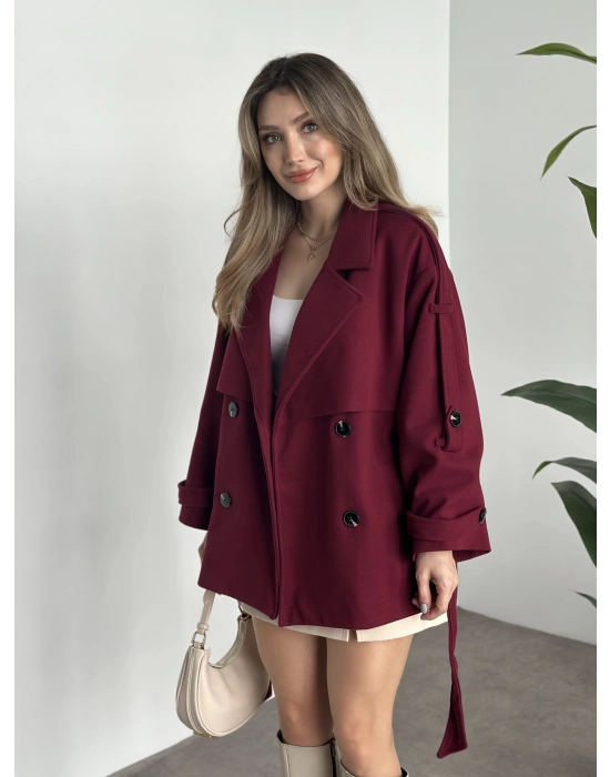 Oversize ara boy standart kaşe kaban bordo