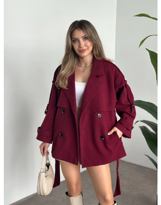 Oversize ara boy standart kaşe kaban bordo