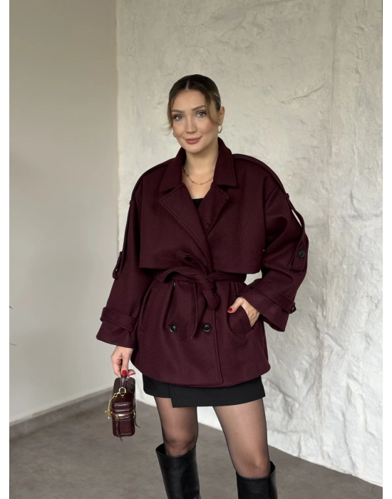 Oversize ara boy standart kaşe kaban bordo