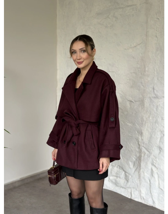 Oversize ara boy standart kaşe kaban bordo