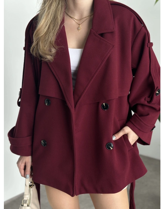 Oversize ara boy standart kaşe kaban bordo