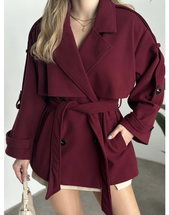 Oversize ara boy standart kaşe kaban bordo